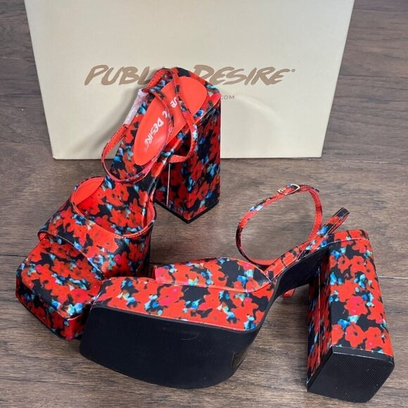 PUBLIC DESIRE Lyle Red Floral Satin Platform Heels Sz 6 UK Sz 4 NIB - Picture 1 of 8